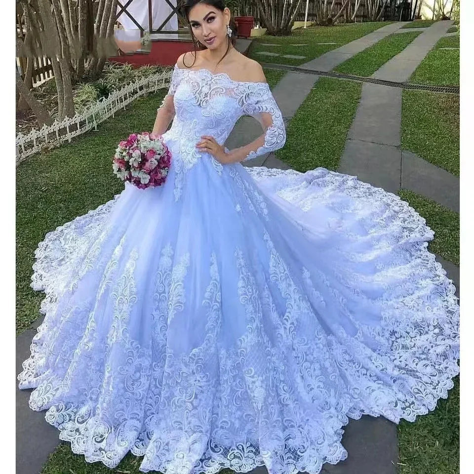 New Arrival Appliqued Lace Beaded Bridal Long Sleeve White Shinny Cheap Long Sleeve Puffy Wedding Gowns MW394