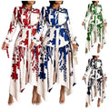 D3264-C1 Elegant Dresses Women Casual Ladies Office Dresses Shirt Collar Irregular Plants Flowers Printed Summer Dress for Women