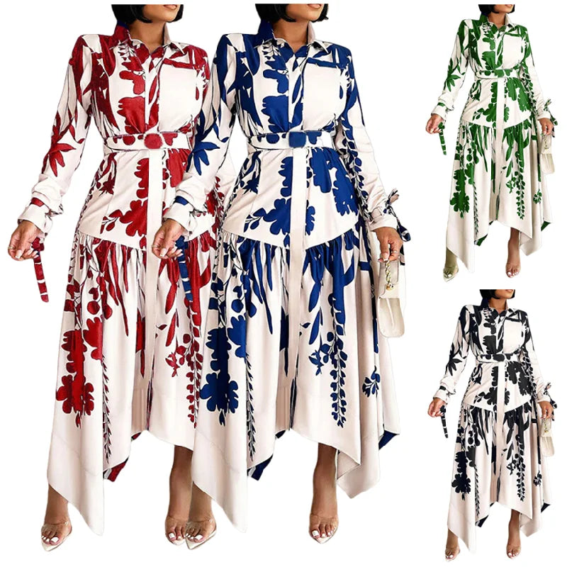 D3264-C1 Elegant Dresses Women Casual Ladies Office Dresses Shirt Collar Irregular Plants Flowers Printed Summer Dress for Women