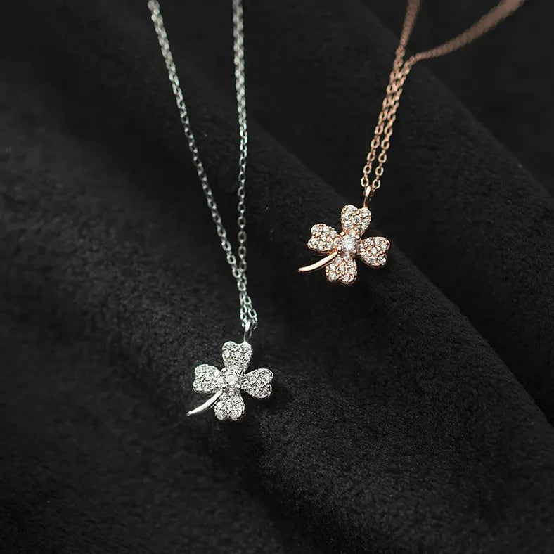 925 Sterling Silver Cubic Zirconia Four Leaf Clover Pendant Rose Gold Plated Link Chain Necklaces Fine Jewelry for Women