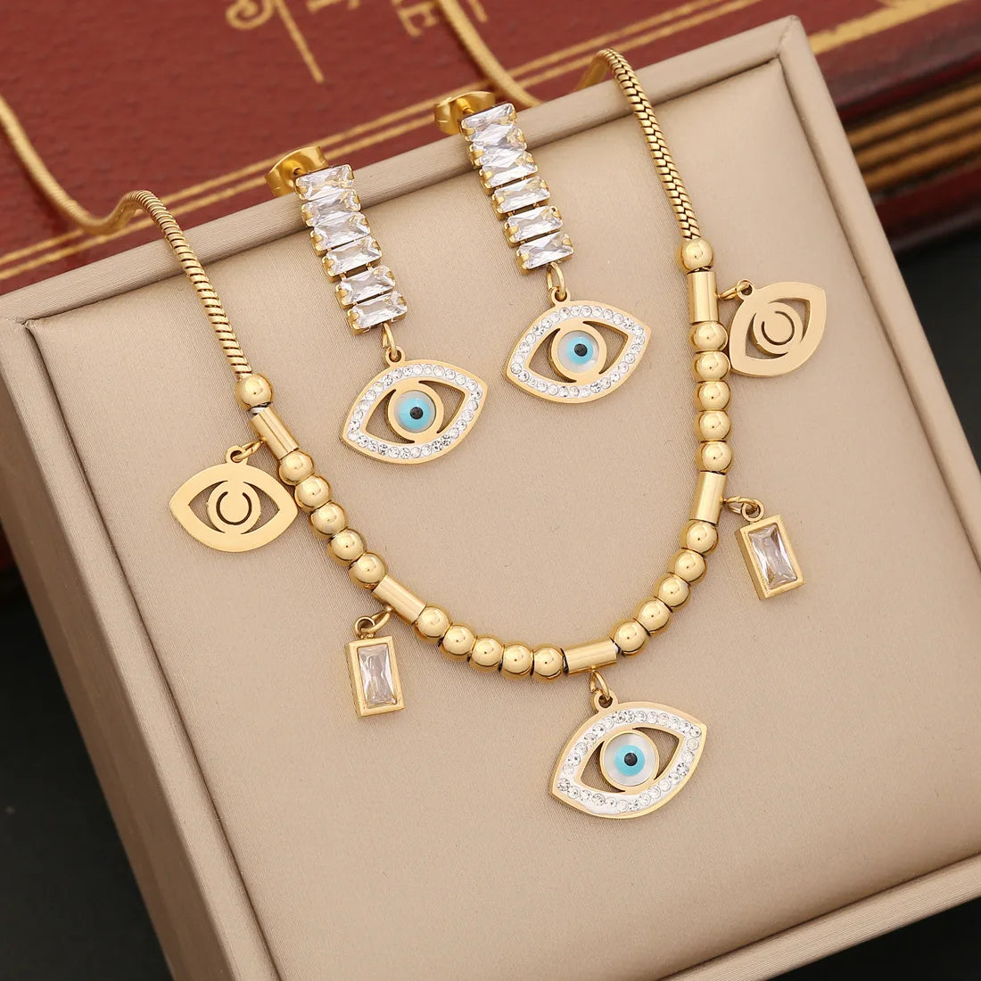 Wholesale Fashion Stainless Steel 18k Gold Plated Zircon Devil Eye Jewelry Set for Women