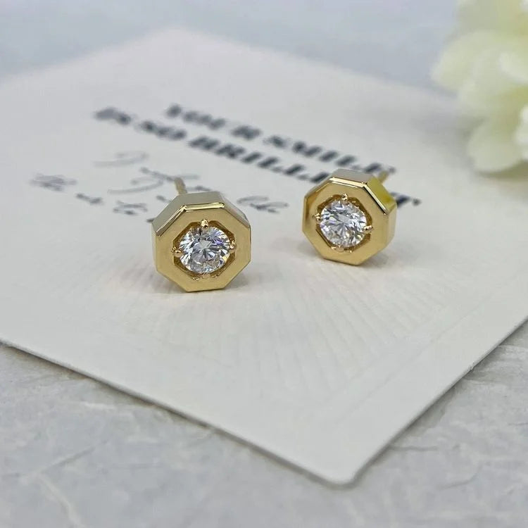 Ruyi 18K Yellow Gold 0.6ct Twisted Diamond round Stud Earrings Men's & Women's Engagement Polygon Design Fine Jewelry