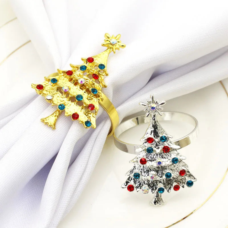 Cute Christmas Accessories Stocked Metal Napkin Holder Tree Napkin Ring With Rhinestones for Party Serviette Decoration
