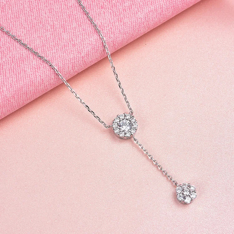 925 Sterling Silver Rhodium Plated Round Pendant Necklace | Elongated Dangling Zirconia Medallion | Adjustable Chain Jewelry