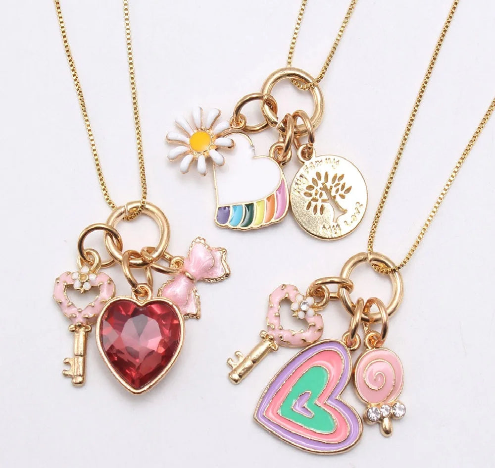 Hot Sale Cute Kids Jewelry Candy Color Enamel Pretty Heart Unicorn Charms Key Pendants Necklaces for Children