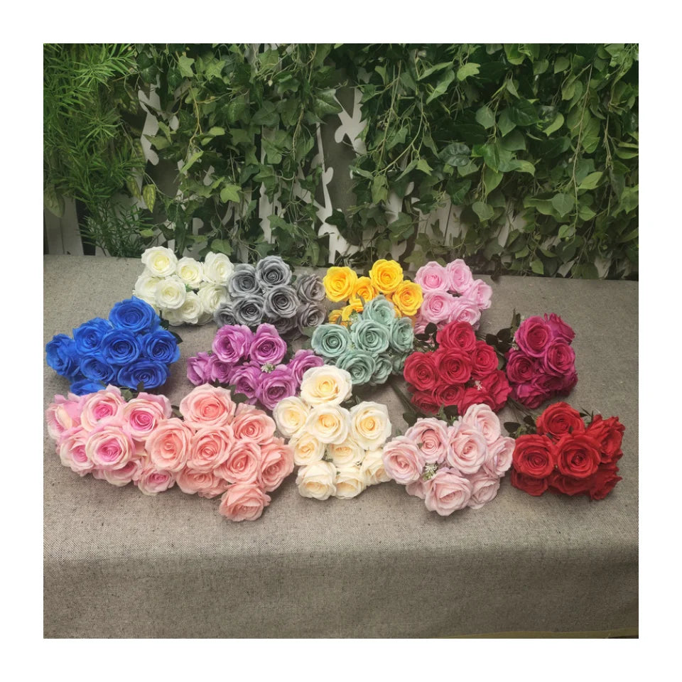 S0525 10 Heads Wholesale Cheap Price Fake Floral Wedding Home Decoration Rose Faux Silk Flowers Artificial Rose Bouquet