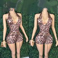 Halter Leopard Printed Women Playsuits Hipster Bandage Deep V-neck Backless Sheer Skinny Overalls