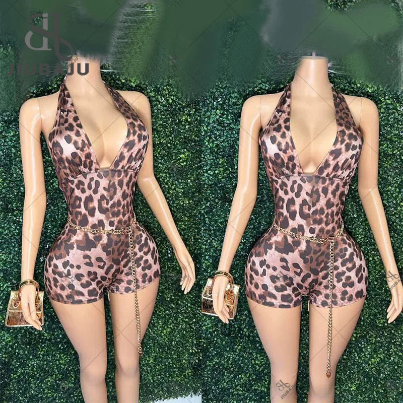 Halter Leopard Printed Women Playsuits Hipster Bandage Deep V-neck Backless Sheer Skinny Overalls