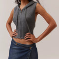Women's Ribbed Sleeveless Hoodie Solid Color Zip-up Jacket Sweatshirt With Hood and Drawstring Slim Fit Casual Sweatshirt