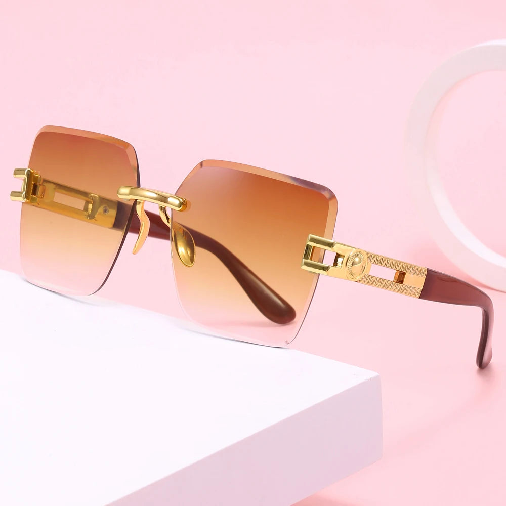 Men's Luxury Rectangle Sunglasses Gold Square Rimless Vintage Sun Glasses with UV400 Lenses Cut Clear for Women