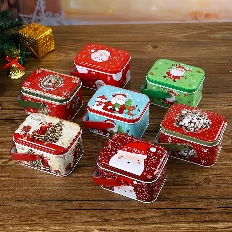 Christmas Party Decor Candy Chocolate Snacks Gift Tinplate Set Convenient Cookie Tin Box Handle Sandwich Bread Lollipop Milk