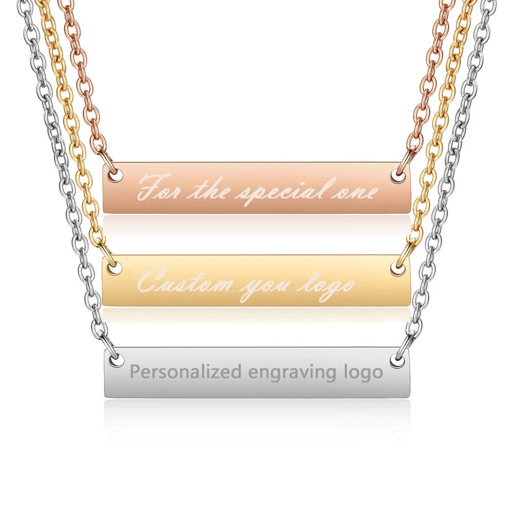 Manufacturer Personalize Custom Stainless Steel Engraved Name logo Bar Pendant Necklace for Couple Gift