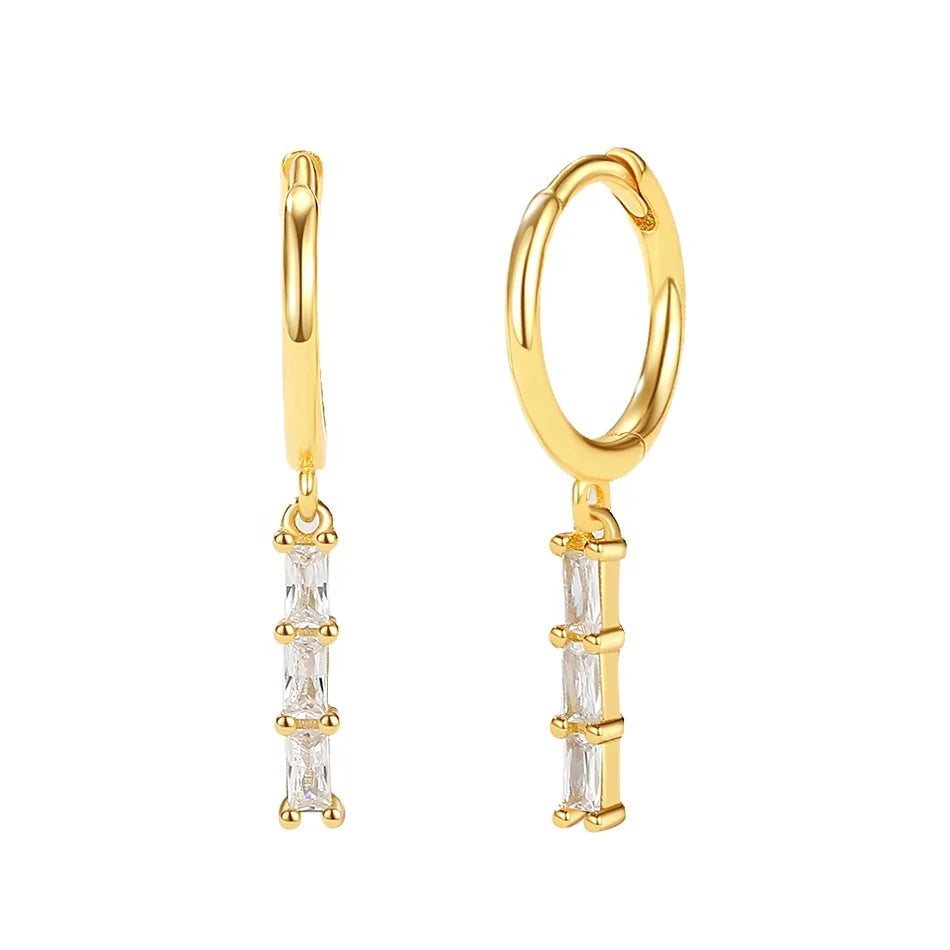Nagosa Dangling 18k Gold Vermeil 925 Sterling Silver Triple baguette Cubic Zirconia Dangle Hoop Earrings