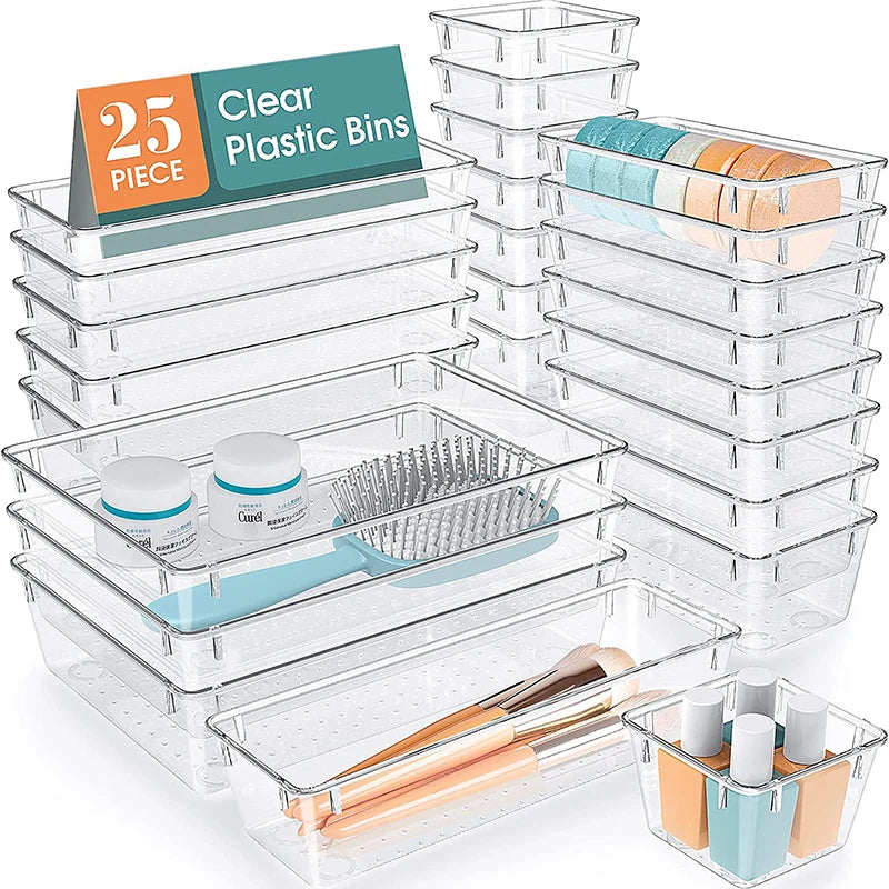 25 PCS Plastic Drawer Storage Set Desk Drawer Divider Organizers and Storage Bins for Makeup Jewelry Office Refrigerator Storage
