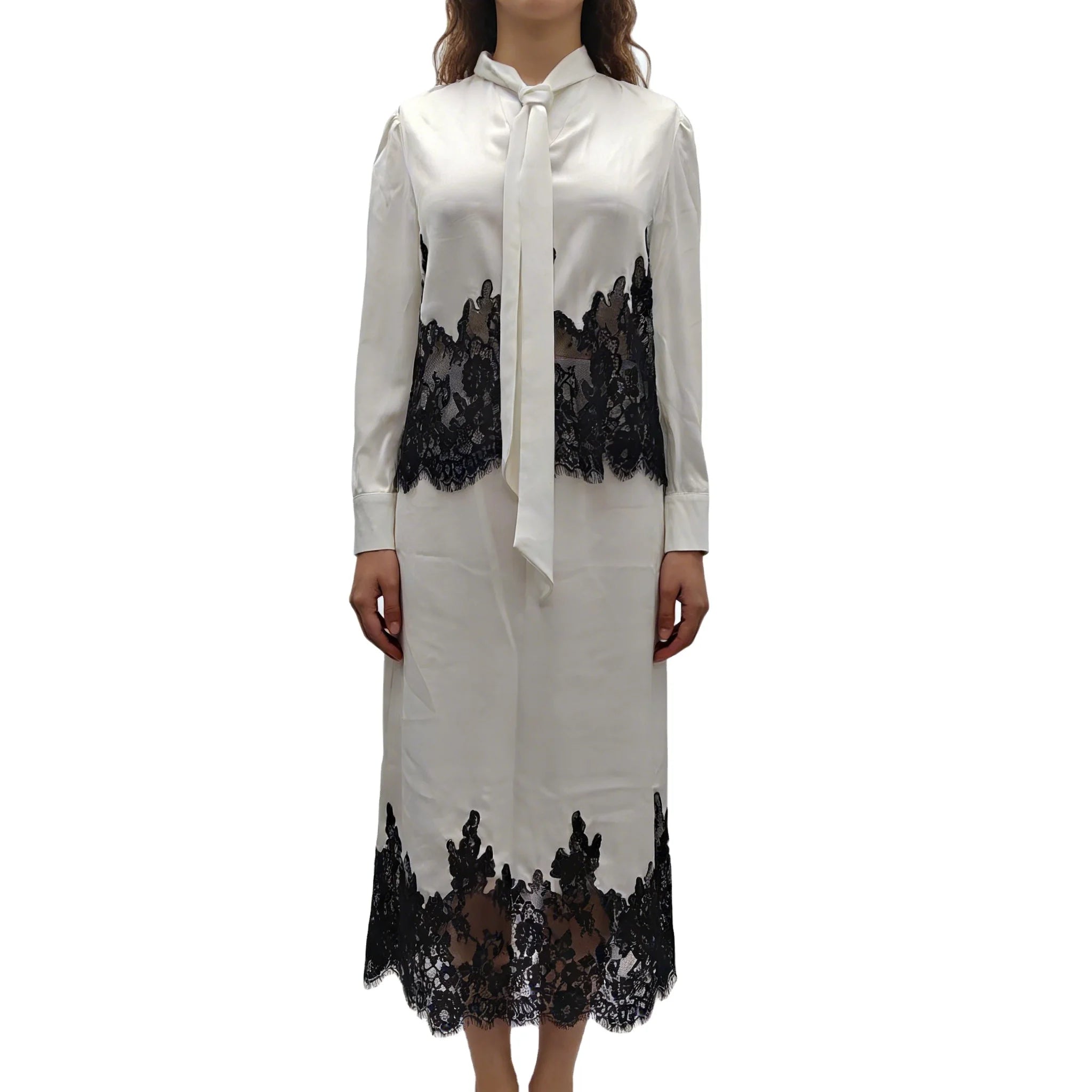 Lightweight and Breathable Lace Patchwork Design Stand up Collar Shirt Lace Patchwork Two-piece Set Satin Skirt