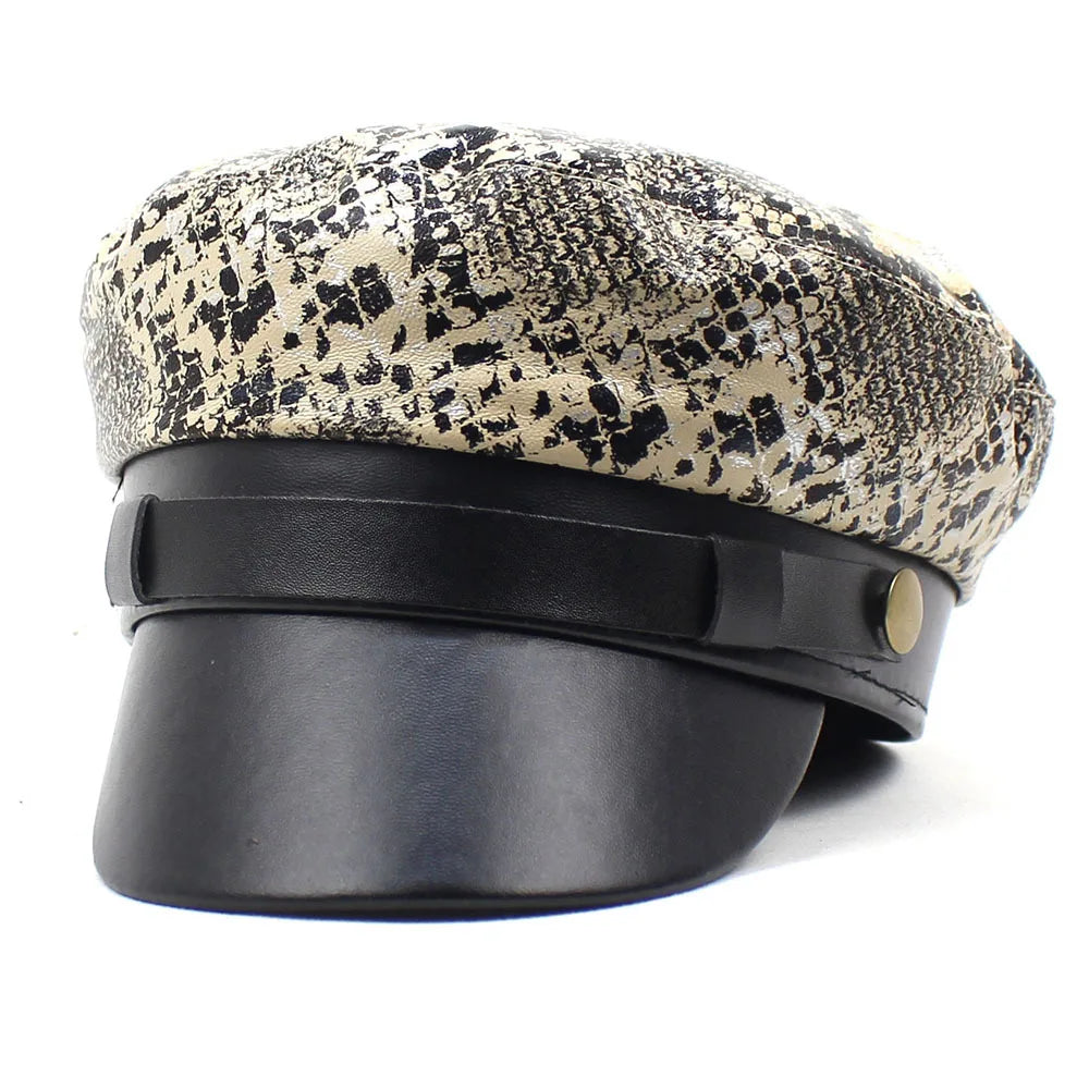 Women Sailor Hat Peaked Beret Cap Warm Newsboy Cap Stylish Snakeskin Visor Hats