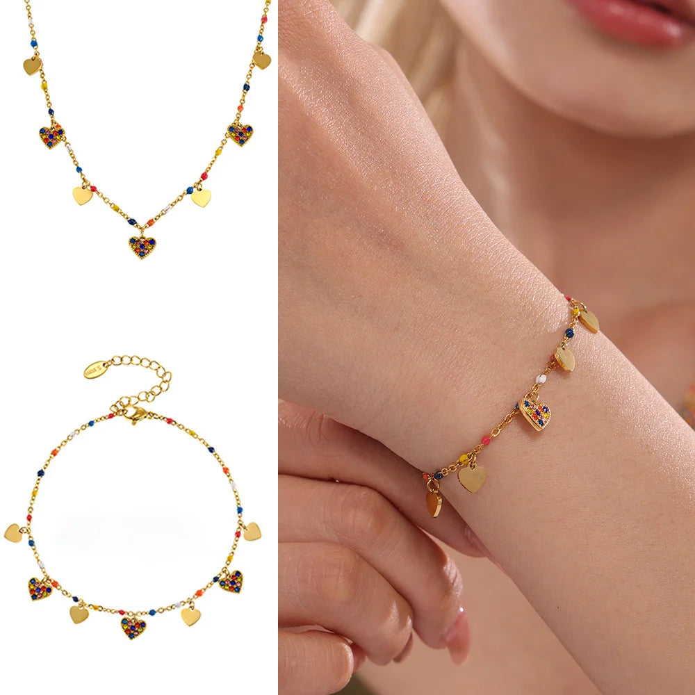 New Arrival Jewelry Sets Zirconia Pendant Lock Bone Heart Drop Necklace Bracelet Anklet Set for Women