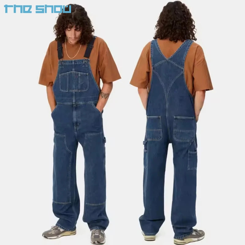 Customized Jumpsuit Suspenders Trousers Multi-pocket Overalls Cargo Pants Double Knee Bib Overall Denim Dungaree Men