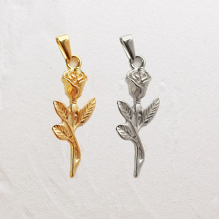 Vintage 18k Gold Rose Pendant 30mm Boho Style Flower Jewelry Women Girl Stainless Steel Rose Pendant Necklace