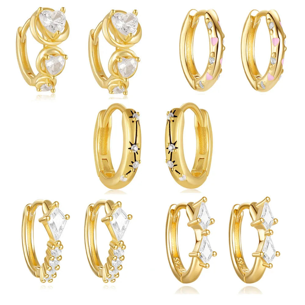 Fashion 925 Sterling Silver Statement Earrings Geometric Heart Diamond Oil Drop Enamel Gold Plated Hoop Earrings Women