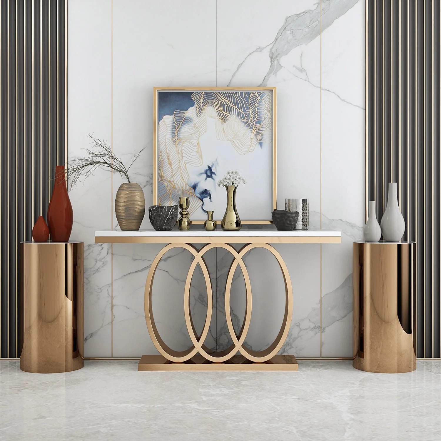 Modern Luxury Entryway Console Table Gold Furniture Storage for Living Room Corner Antique Marble Elegant Entry Table for