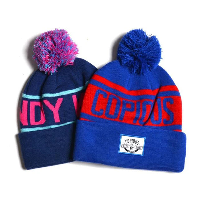 OEM Custom Private Label Logo Unisex Letter Pattern Striped Winter Beanie 100% Acrylic Jacquard Skull Knitted Cuff Pom Common