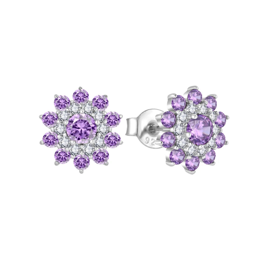 YILUN Charming Purple CZ Stone 925 Sterling Silver Rhodium Plated Flower Stud Earrings for Women