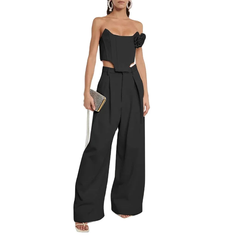 TWOTWINSTYLE Women's Formal Two-Piece Set Strapless Patchwork Appliques Skinny Top and Wide Leg Pants Solid Color Short