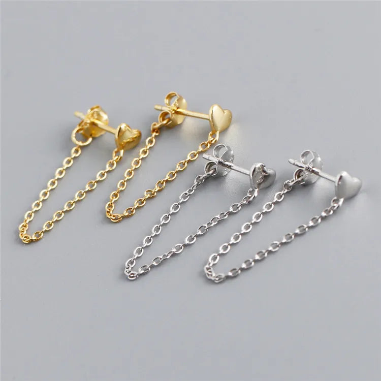SP Fine Heart Studs Long Tassel Chain 925 Sterling Silver Gold Plated Link Chain Stud Earrings