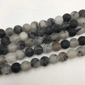Natural Matte Frosted Black Rutilated Quartz for Jewelry Making Craft Round Loose Gemstone Beads 15.5"