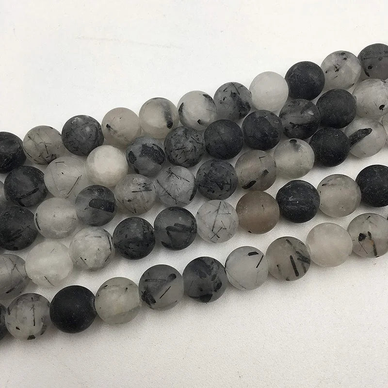 Natural Matte Frosted Black Rutilated Quartz for Jewelry Making Craft Round Loose Gemstone Beads 15.5"
