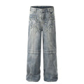 Creative Applique Embroidered Stone Wash Jeans High Street Hip Hop Fashion Designer Personality Split Loose Straight Leg Pants