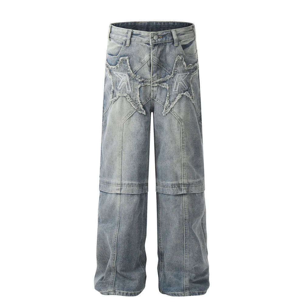 Creative Applique Embroidered Stone Wash Jeans High Street Hip Hop Fashion Designer Personality Split Loose Straight Leg Pants