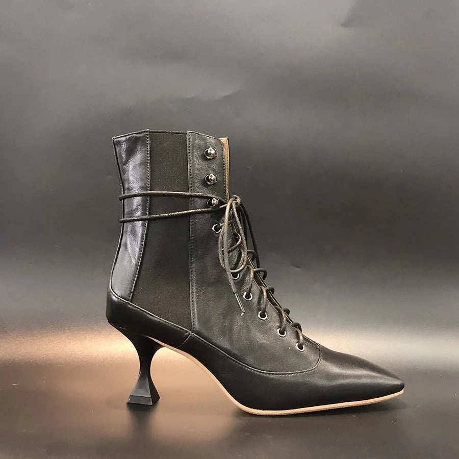 New Fashion Style Wholesale Lace up Genuine Leather High Heel Ladies Winter Boots Heels