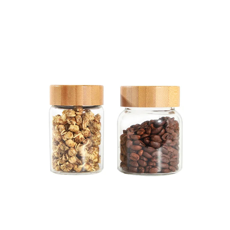 100ml 200ml Cylinder Shape Transparent Glass Food Jar for Nut Sauce Seasonings Food Storage with Wooden Lid