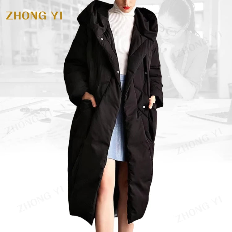 Manufacturers Custom Down Jacket Women's Winter Thickened White Duck Down Mid-length Hooded Women's Down Jacket