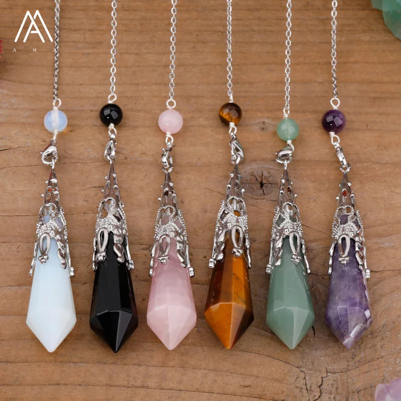 Healing Crystal Chakra Pendulum for Jewelry Making  Natural Stone Point Pendant Pendulums Chain DIY Gift