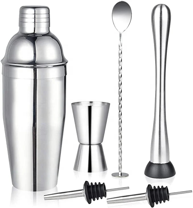 6-Piece Premium Stainless Steel Eco-Friendly Cocktail Shaker Set Stand Professional Bartending Tools Kit Bar Accessories Home