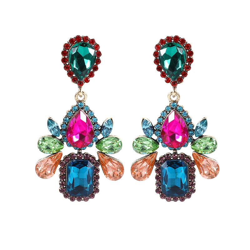 Exaggerated Gemstone Square Stud Earrings Women Colorful Geometric Rhinestone Dangle Earrings Wholesale