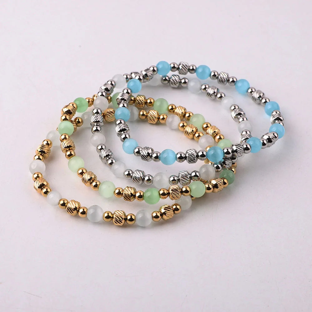 New Design Natural Stone Cat Eye Elastic Bracelet Stainless Steel Beads Bracelet Women JBS12634