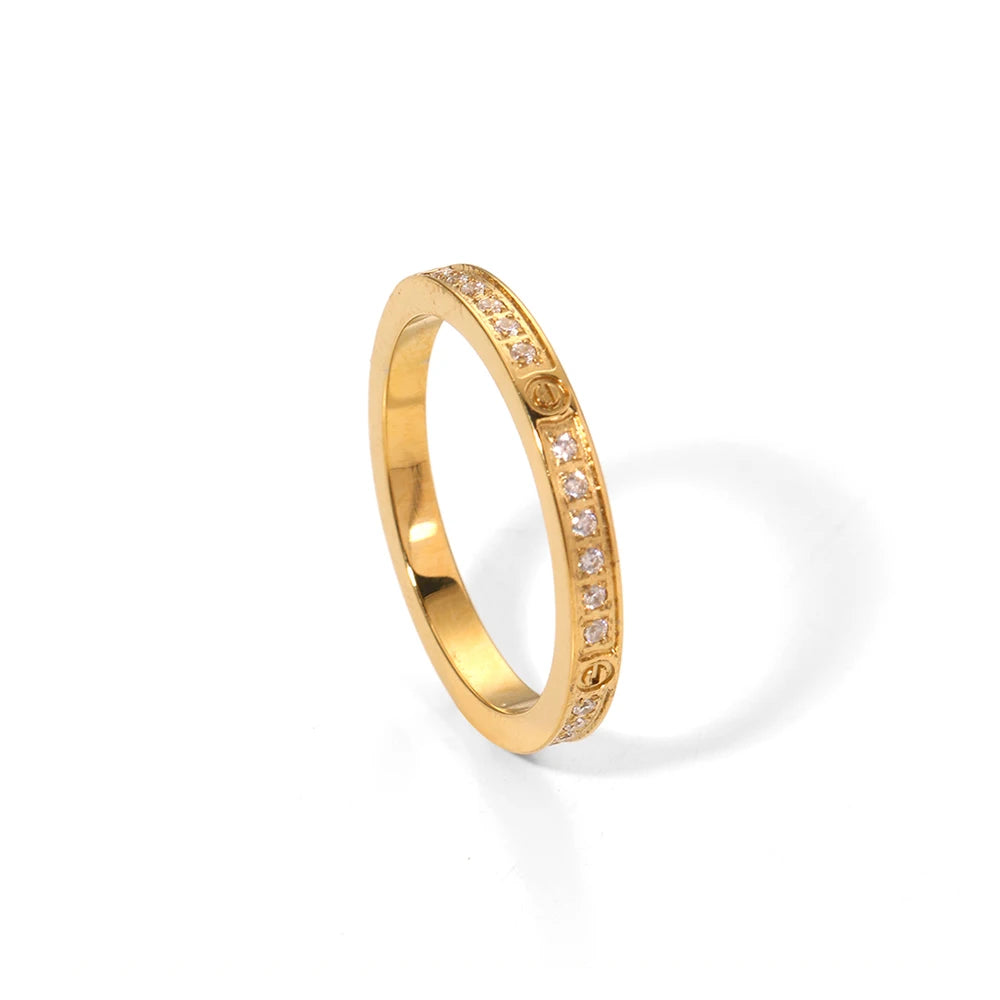 Dainty Stainless Steel 18K PVD Gold Plated Round Cubic Zircon Diamond Wedding Rings for Couples