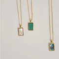 18K Gold Plated Stainless Steel Figaro Chain Abalone White Shell Turquoise Rectangular Pendant Necklace