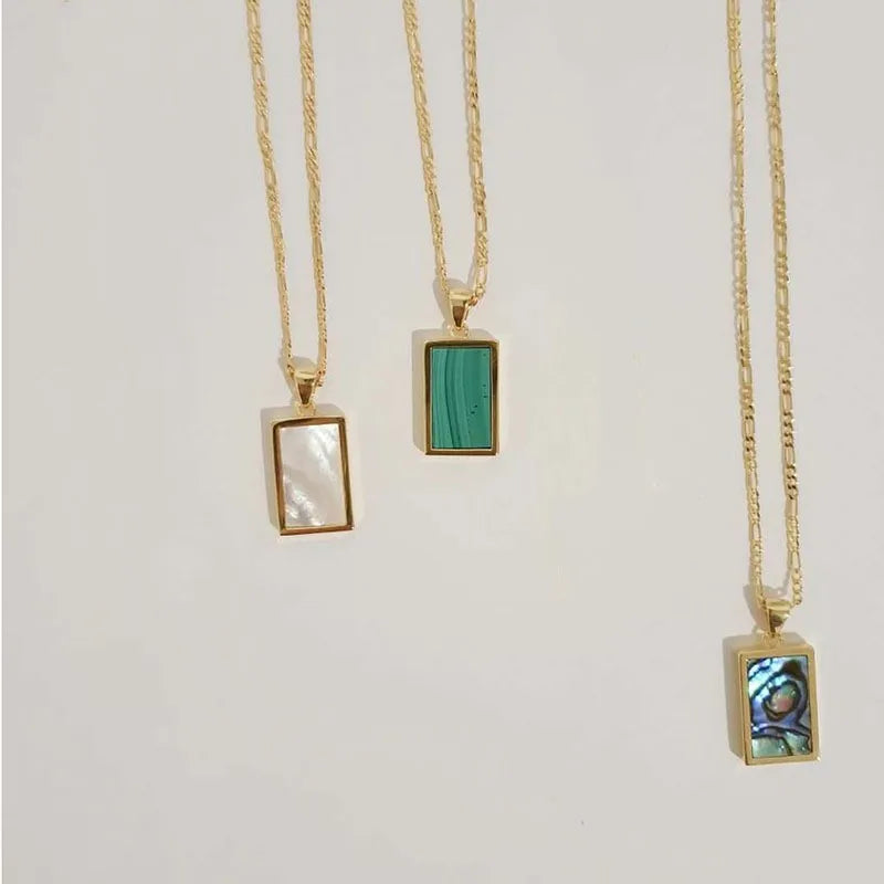 18K Gold Plated Stainless Steel Figaro Chain Abalone White Shell Turquoise Rectangular Pendant Necklace