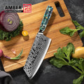 7inch Chinese Carbon Steel Damascus Cleaver Knife with Abalone Handle for Kitchen and Meat Cutting