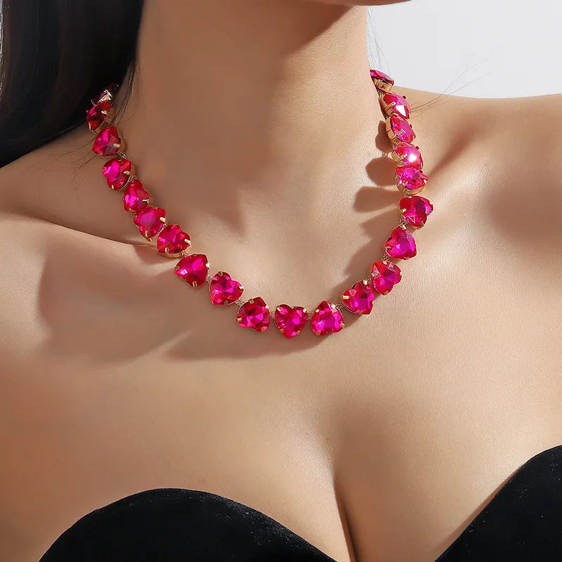 2024 Fashion Jewelry Rose Pink Peach Heart Love Glass Crystal Collar Chain Exaggerated Heart Choker Pink Necklace