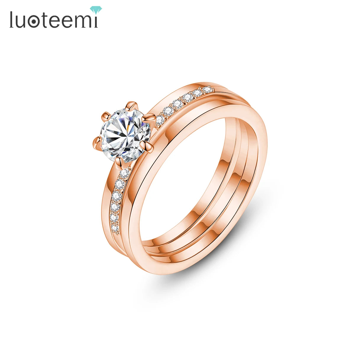 LUOTEEMI Zircon Trendy Stackable Lady Korean Engagement Promise Crown Jewelry Ring Woman Fashion Rose Gold