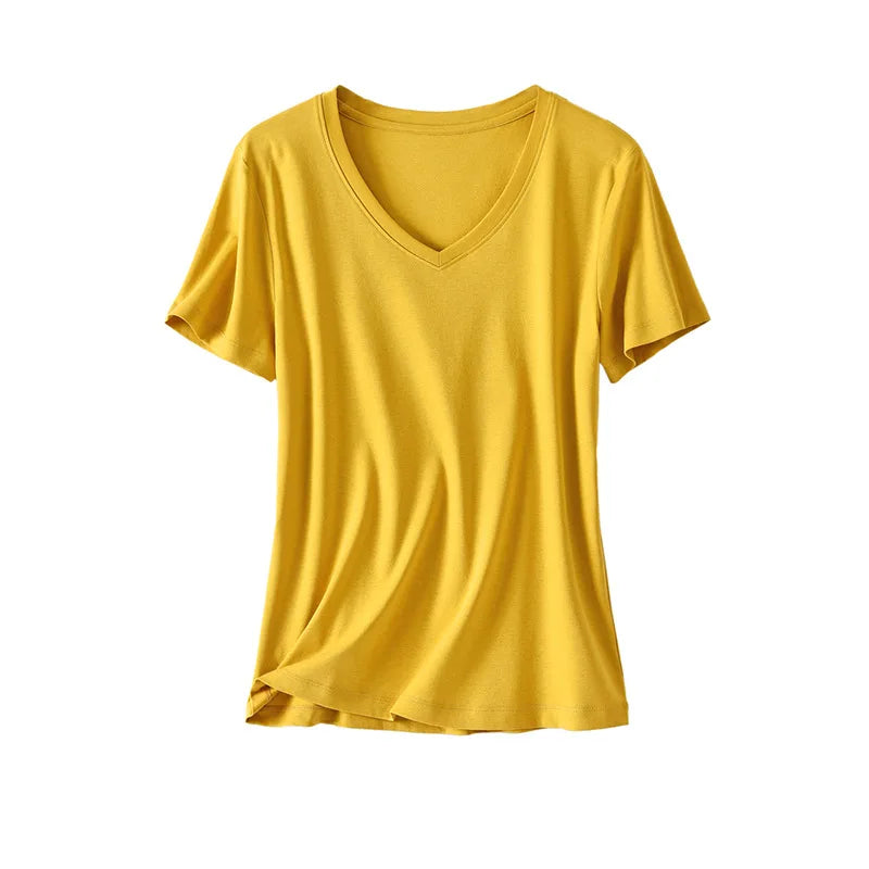 2024 Women's T-Shirts 100% Cotton Custom logo Blank V-neck Tshirt