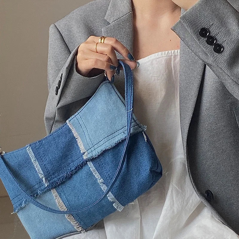 Women's New Fashionable Summer/Daily Leisure Portable Zippered Denim Shoulder Bag Clash Colour Armpit Bag Small Paragraph Bag