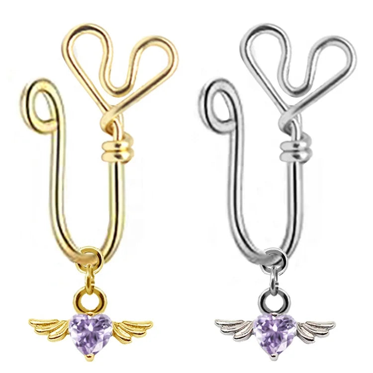 Gaby Body Jewelry New Design Brass Thread Indian Nose Ring Gold Plated Non-Piercing Nose Cuff Dangle Heart Wing Wedding Jewelry