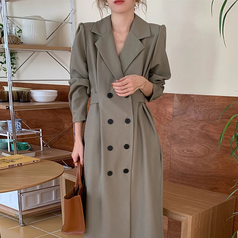 Wholesale 2026 Korean Autumn Retro Minority Design Sense Lapel Double-breasted Waist Long-sleeved Slim Mid-length Dress